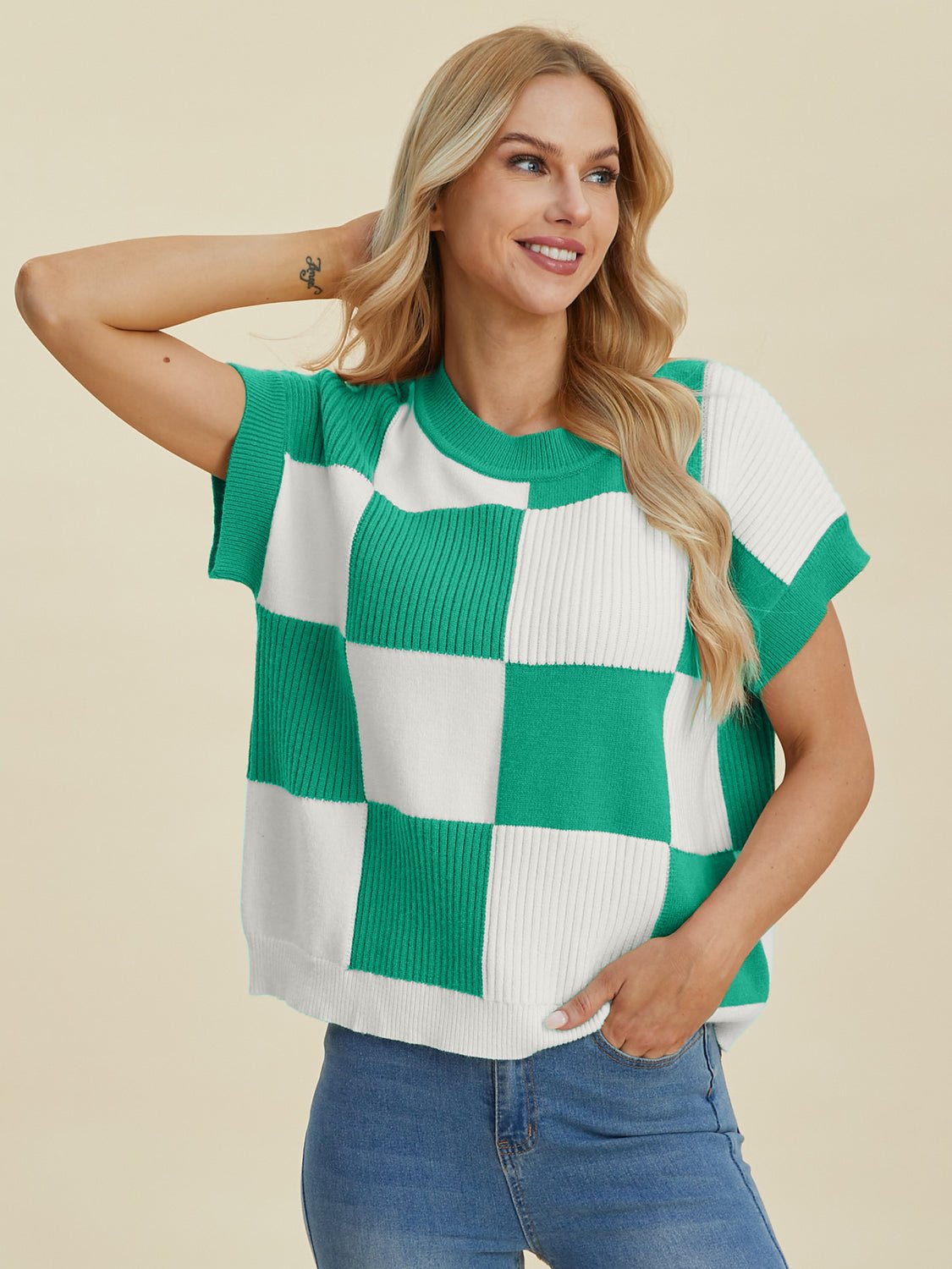 Double Take Full Size Checkered Round Neck Short Sleeve Sweater - Bella Blue Styles