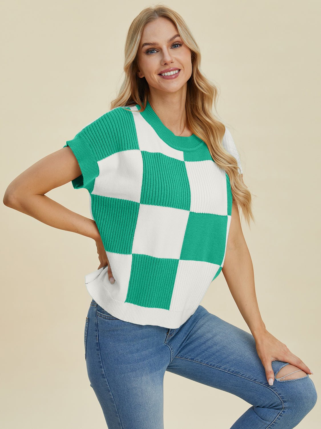 Double Take Full Size Checkered Round Neck Short Sleeve Sweater - Bella Blue Styles