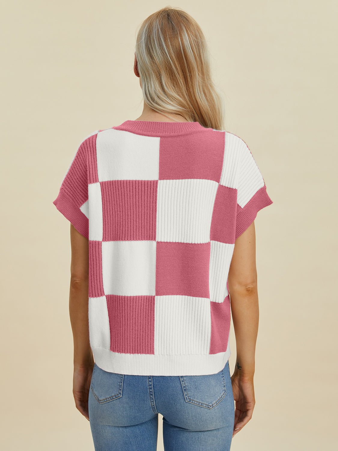 Double Take Full Size Checkered Round Neck Short Sleeve Sweater - Bella Blue Styles