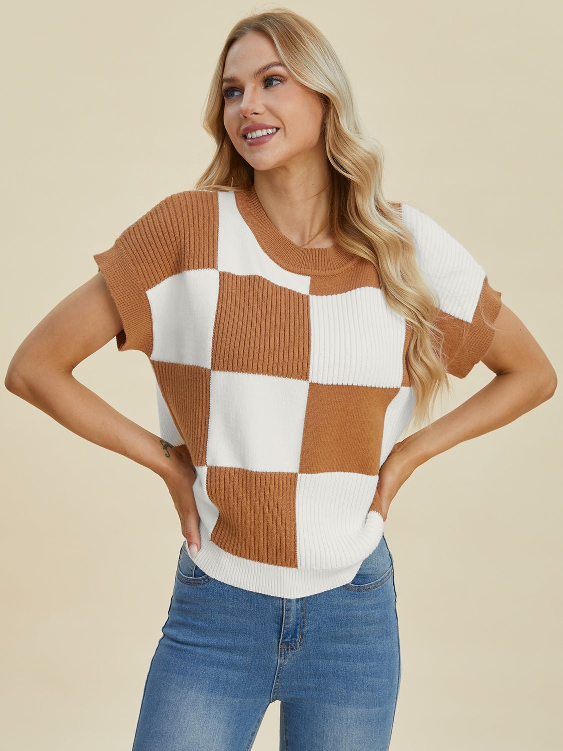 Double Take Full Size Checkered Round Neck Short Sleeve Sweater - Bella Blue Styles