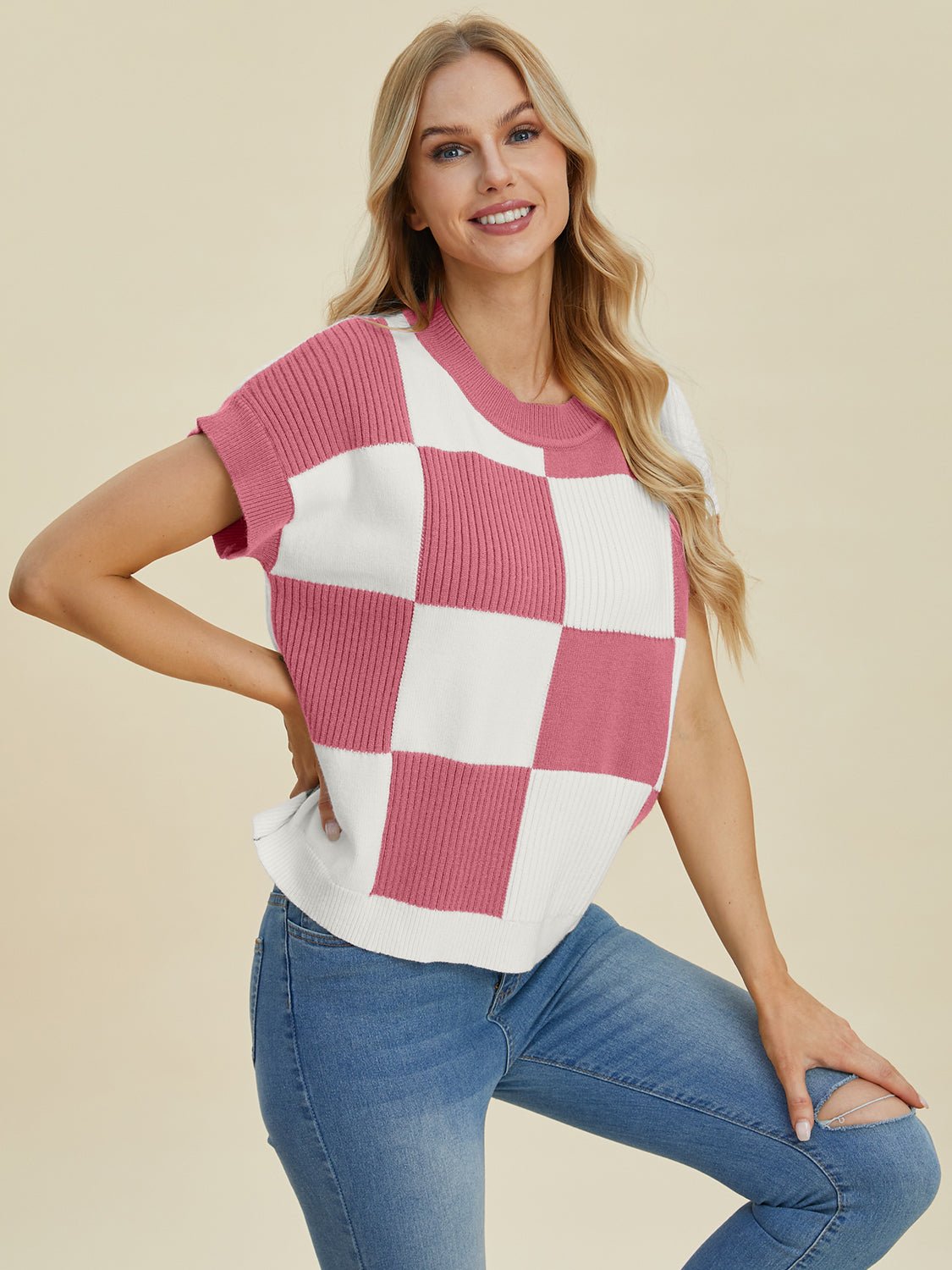 Double Take Full Size Checkered Round Neck Short Sleeve Sweater - Bella Blue Styles