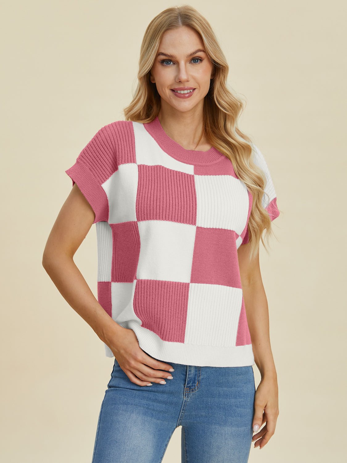 Double Take Full Size Checkered Round Neck Short Sleeve Sweater - Bella Blue Styles
