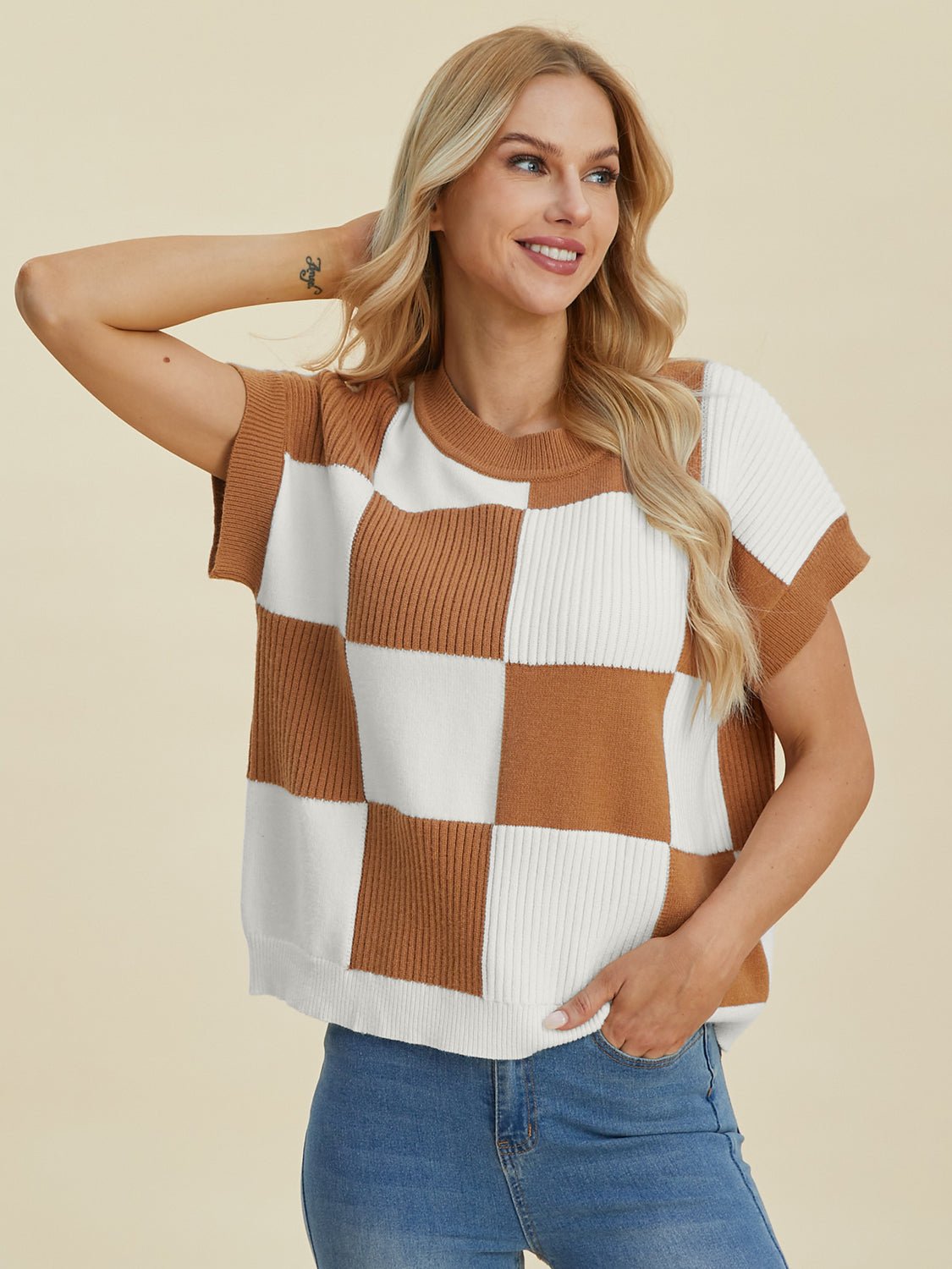 Double Take Full Size Checkered Round Neck Short Sleeve Sweater - Bella Blue Styles