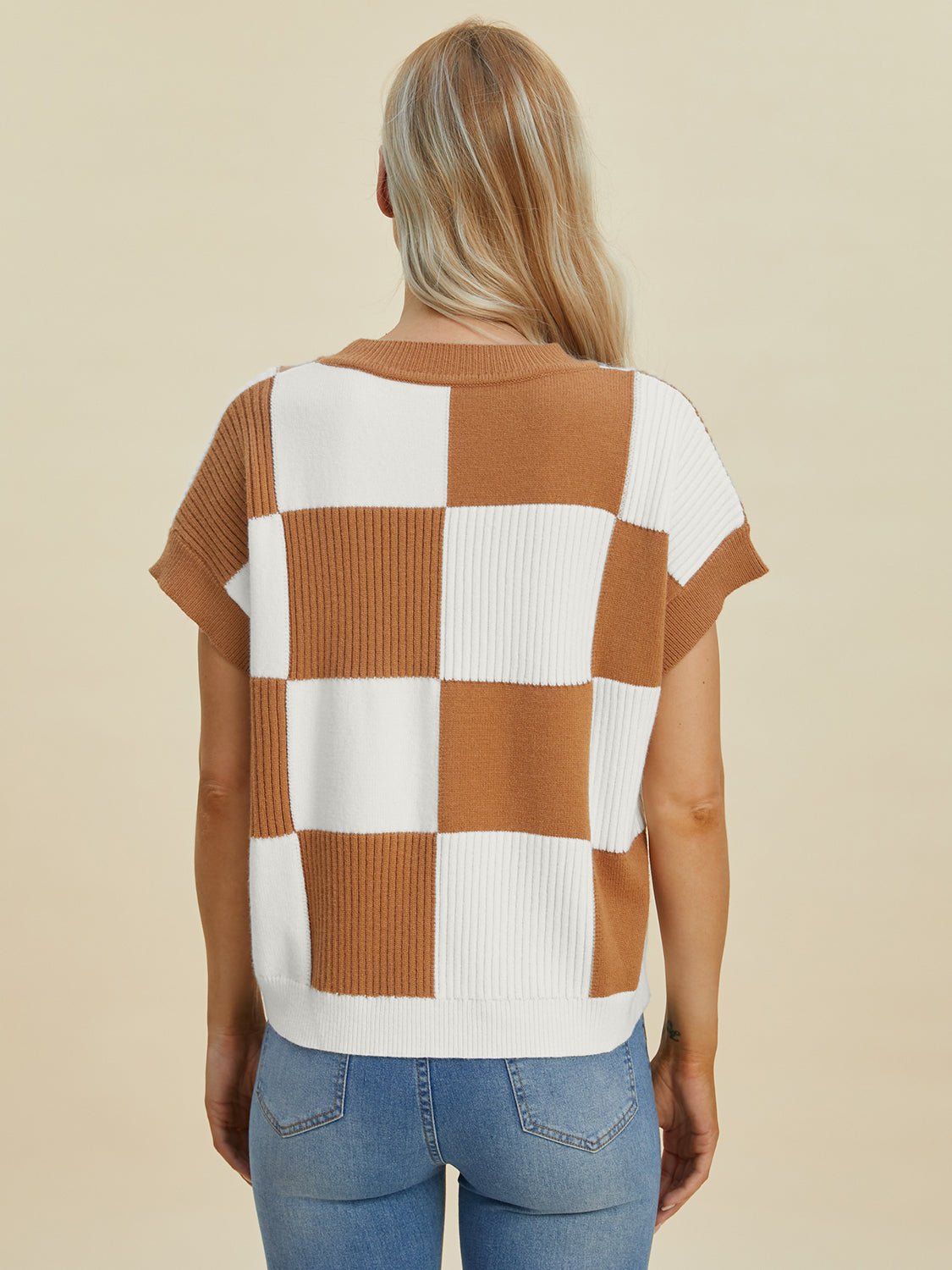 Double Take Full Size Checkered Round Neck Short Sleeve Sweater - Bella Blue Styles