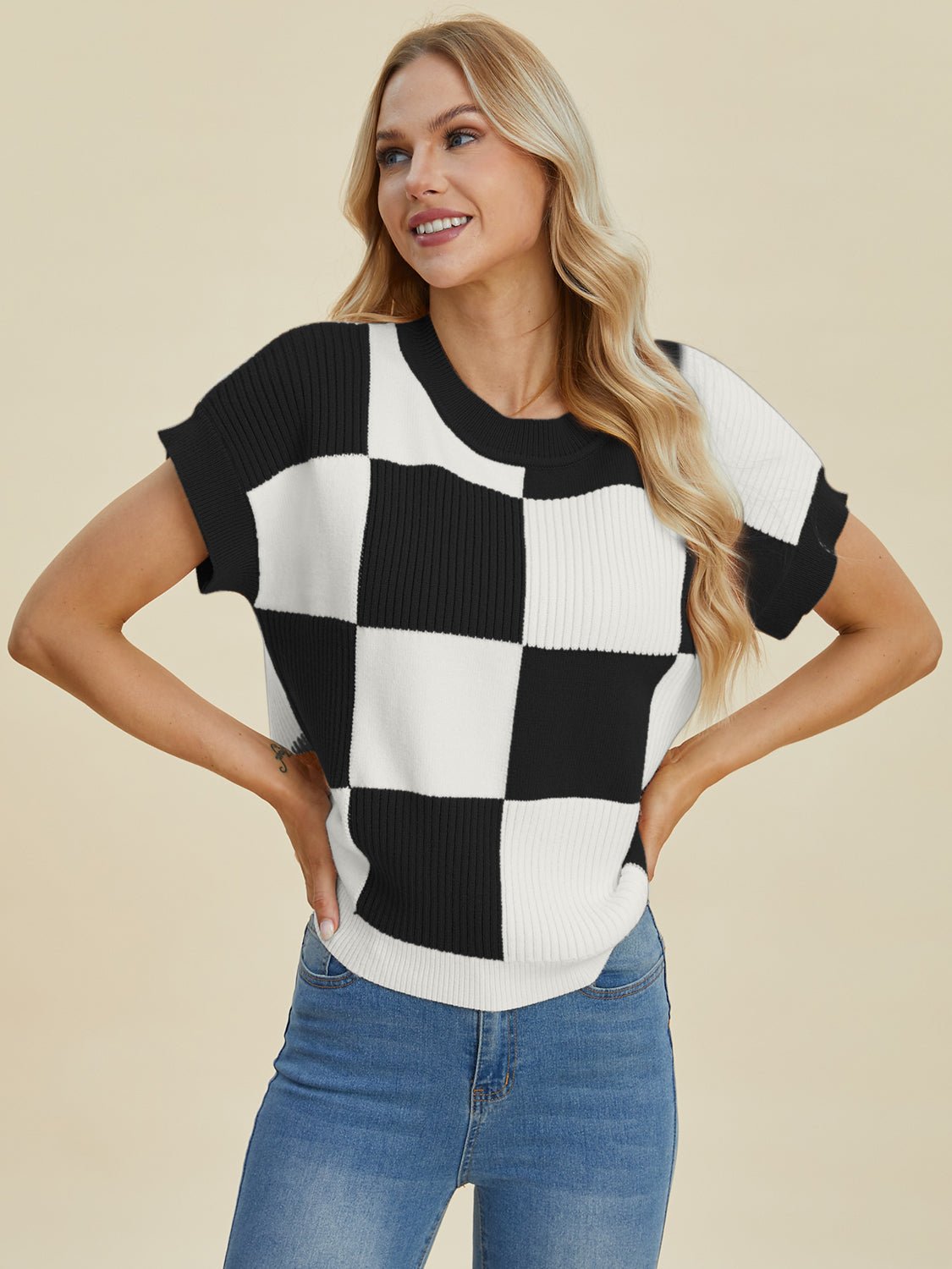 Double Take Full Size Checkered Round Neck Short Sleeve Sweater - Bella Blue Styles