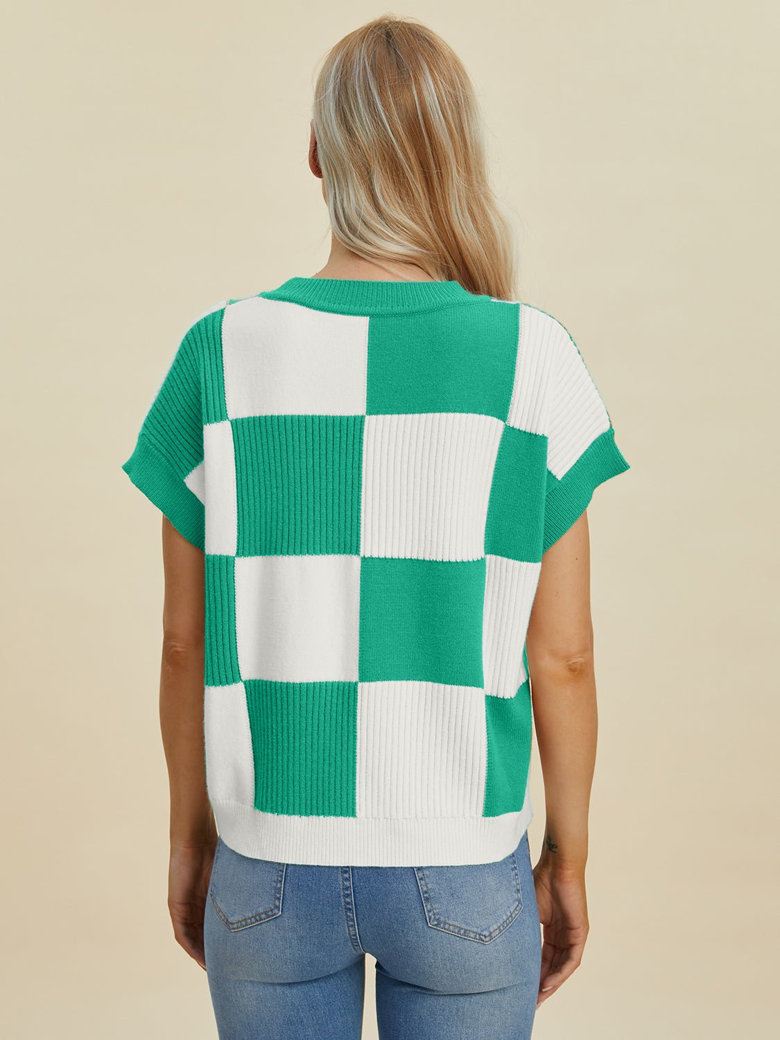 Double Take Full Size Checkered Round Neck Short Sleeve Sweater - Bella Blue Styles