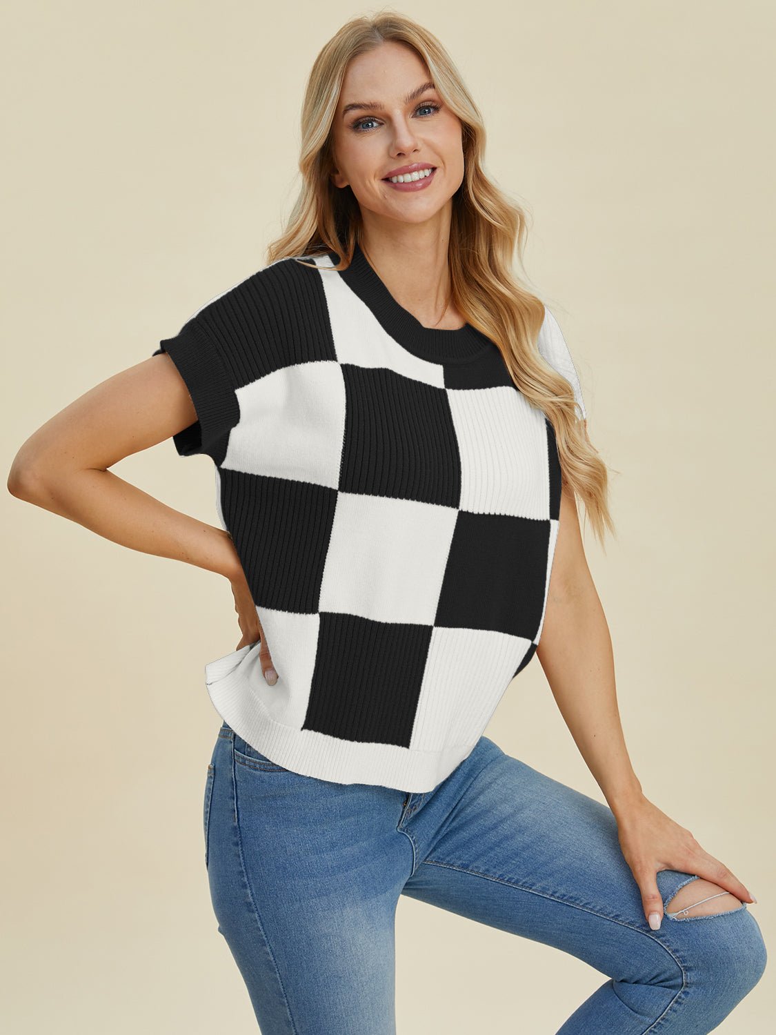 Double Take Full Size Checkered Round Neck Short Sleeve Sweater - Bella Blue Styles