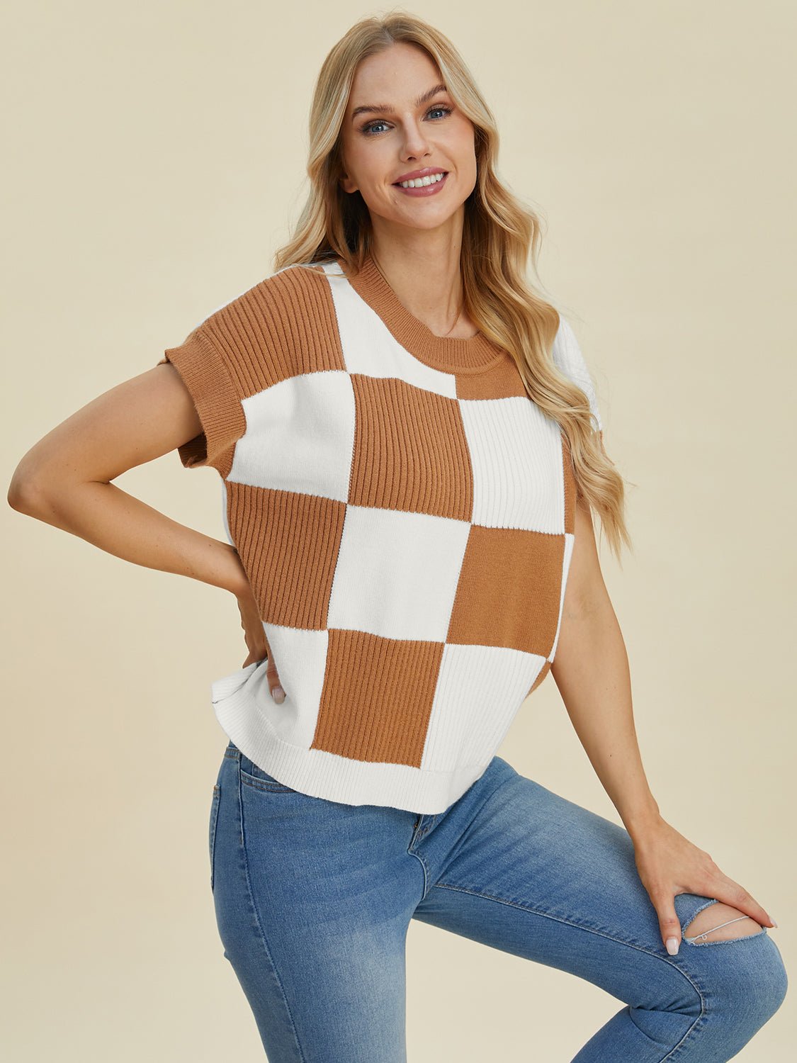 Double Take Full Size Checkered Round Neck Short Sleeve Sweater - Bella Blue Styles