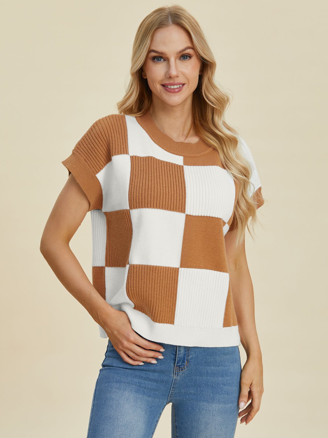 Double Take Full Size Checkered Round Neck Short Sleeve Sweater - Bella Blue Styles