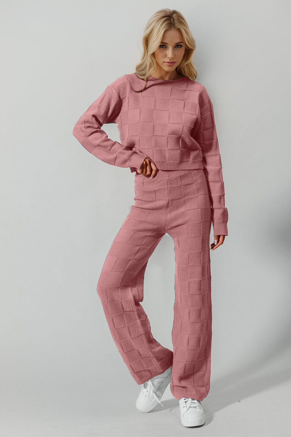 Double Take Full Size Checkered Round Neck Top and Pants Set - Bella Blue Styles