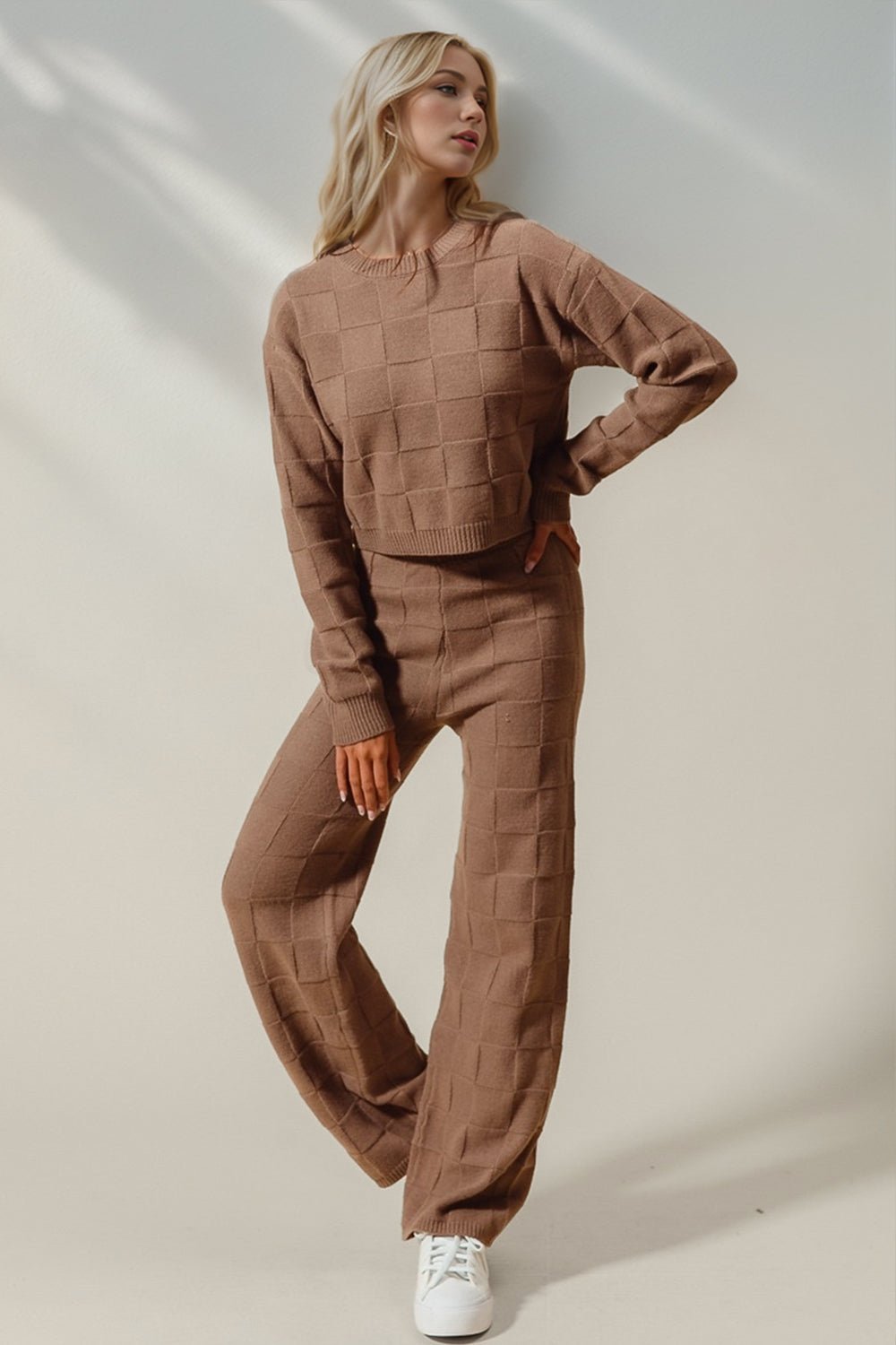 Double Take Full Size Checkered Round Neck Top and Pants Set - Bella Blue Styles