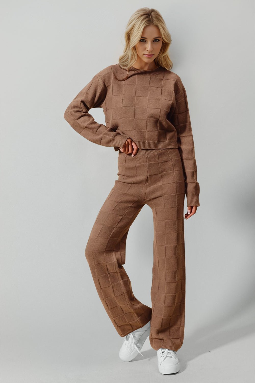 Double Take Full Size Checkered Round Neck Top and Pants Set - Bella Blue Styles