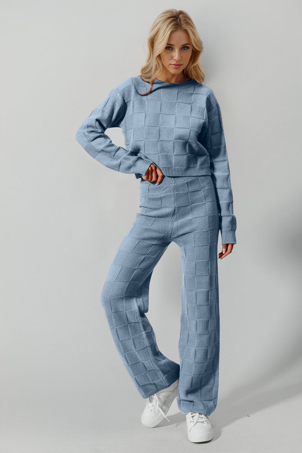 Double Take Full Size Checkered Round Neck Top and Pants Set - Bella Blue Styles