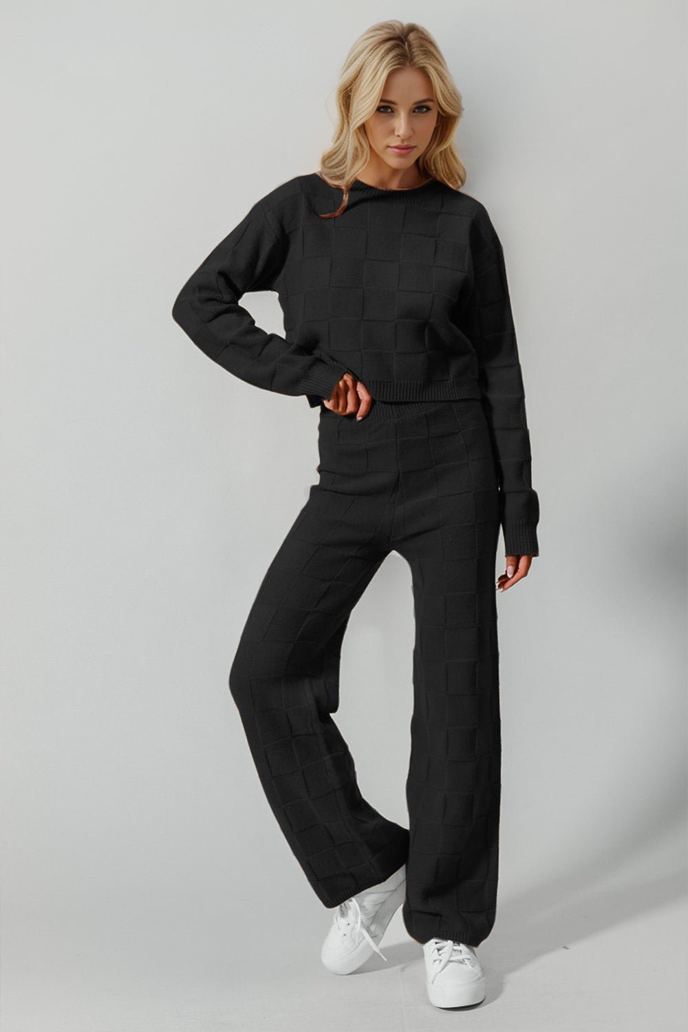 Double Take Full Size Checkered Round Neck Top and Pants Set - Bella Blue Styles