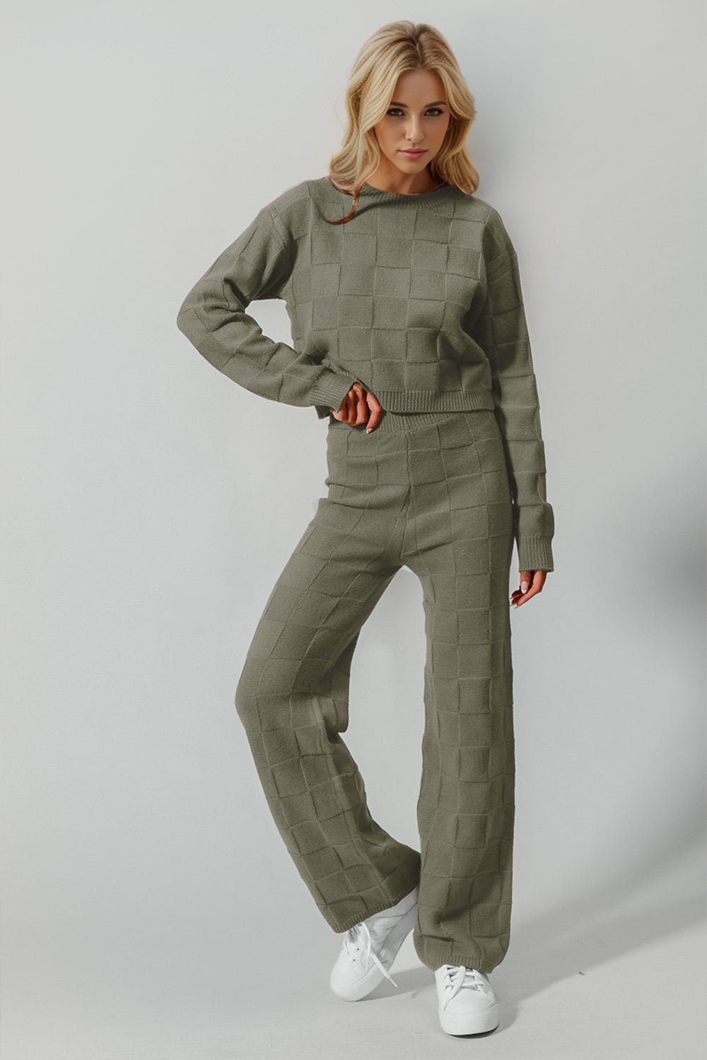 Double Take Full Size Checkered Round Neck Top and Pants Set - Bella Blue Styles