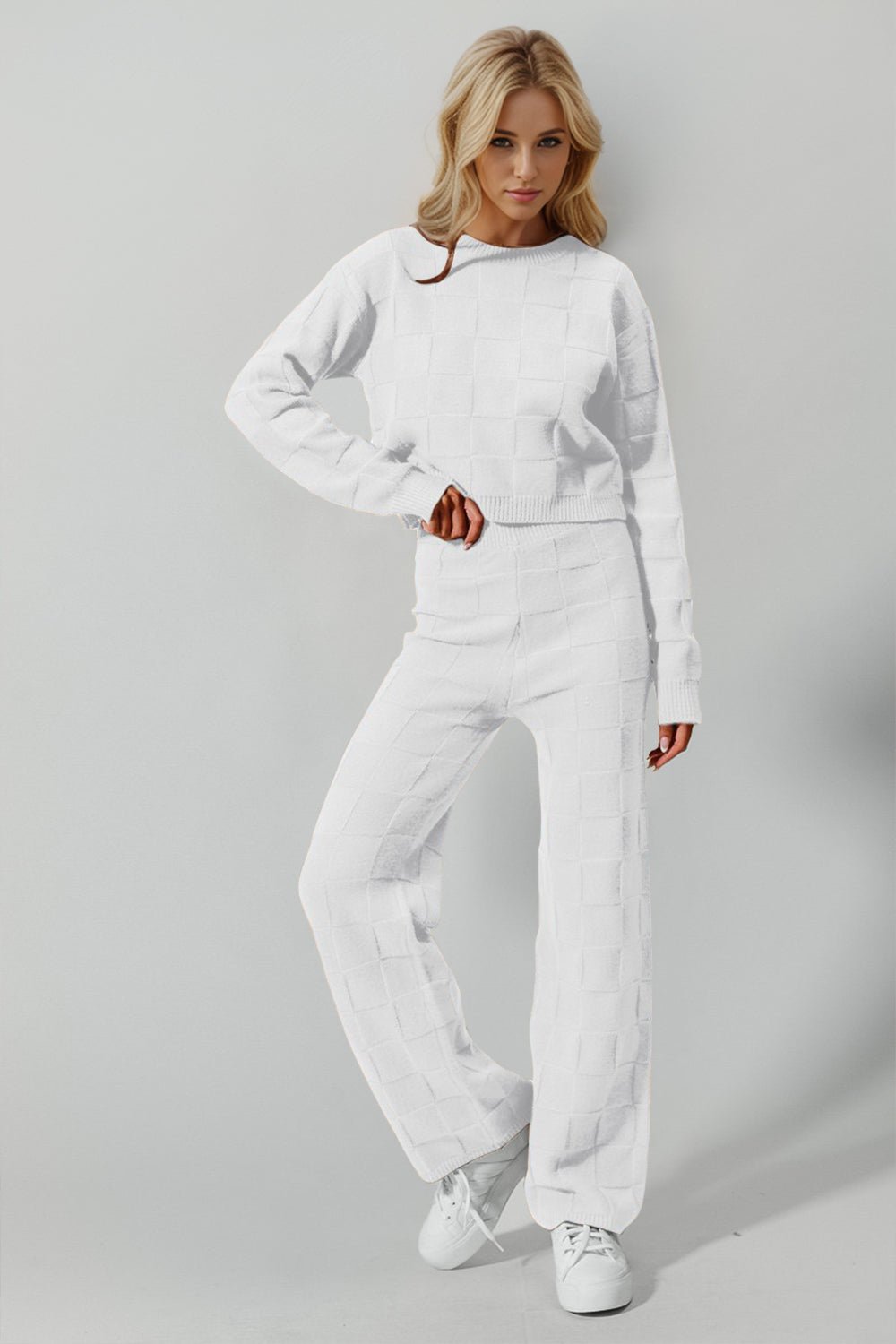 Double Take Full Size Checkered Round Neck Top and Pants Set - Bella Blue Styles