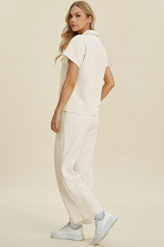Double Take Full Size Collared Neck Short Sleeve Top and Pants Set - Bella Blue Styles