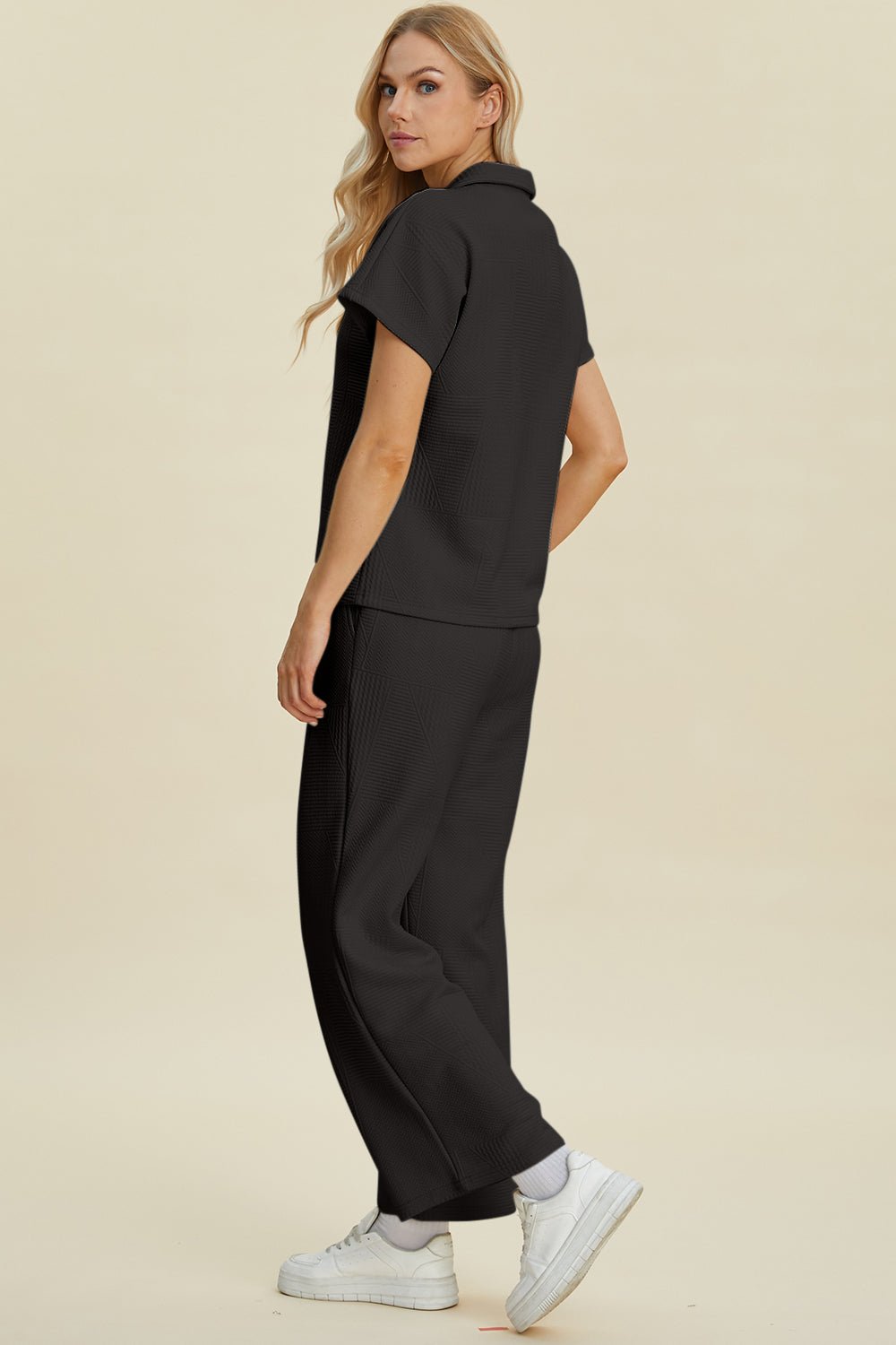 Double Take Full Size Collared Neck Short Sleeve Top and Pants Set - Bella Blue Styles