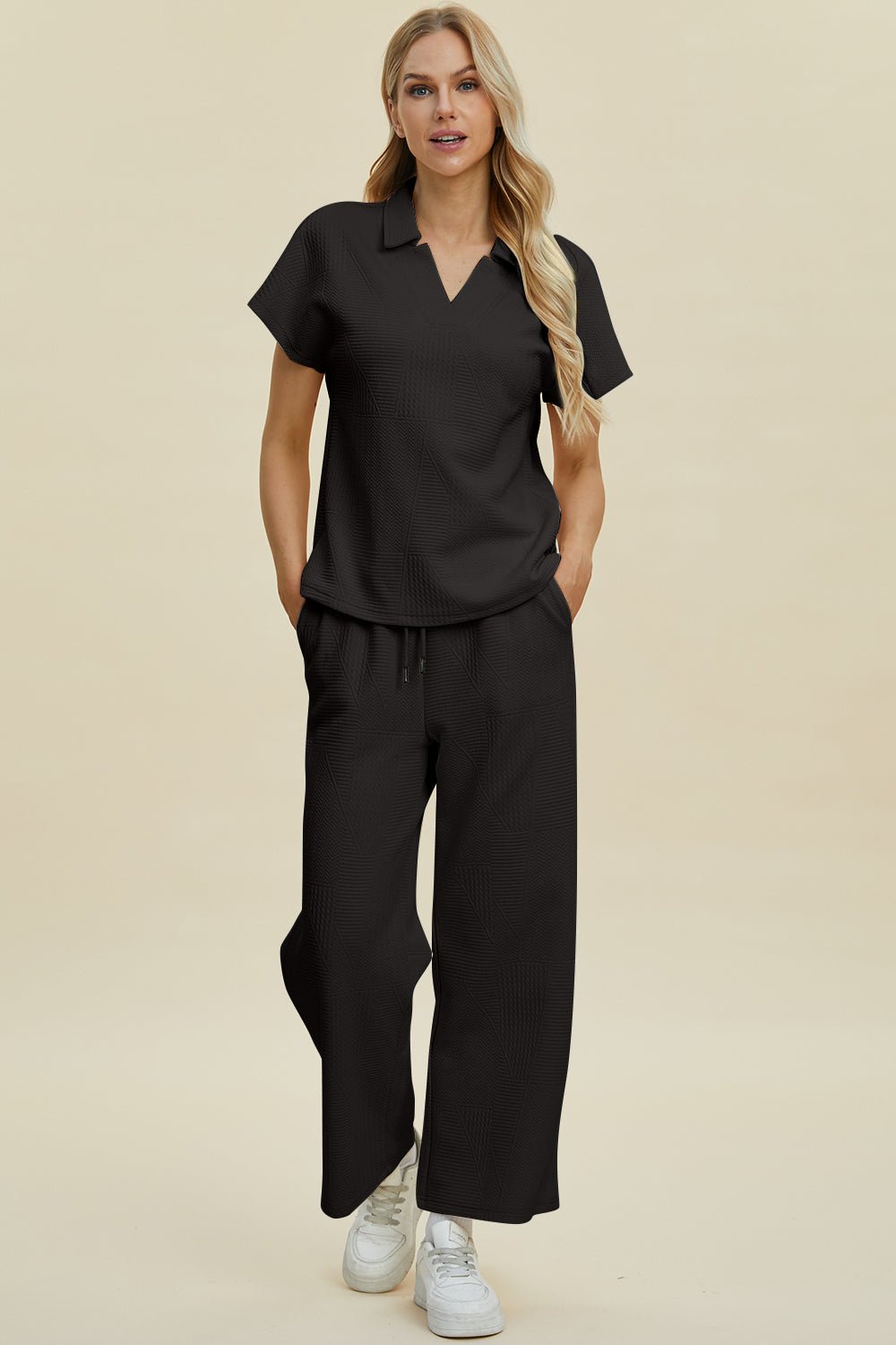 Double Take Full Size Collared Neck Short Sleeve Top and Pants Set - Bella Blue Styles