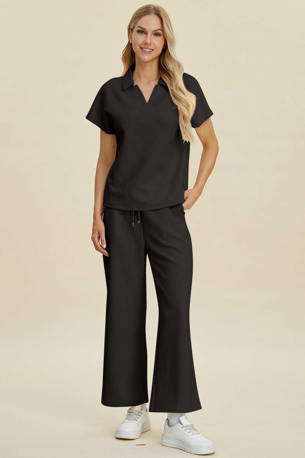 Double Take Full Size Collared Neck Short Sleeve Top and Pants Set - Bella Blue Styles