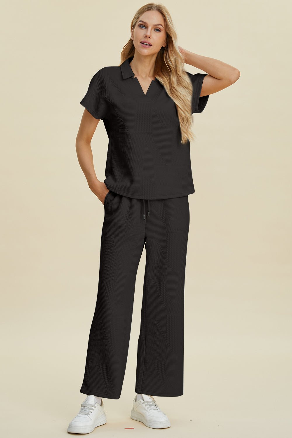 Double Take Full Size Collared Neck Short Sleeve Top and Pants Set - Bella Blue Styles