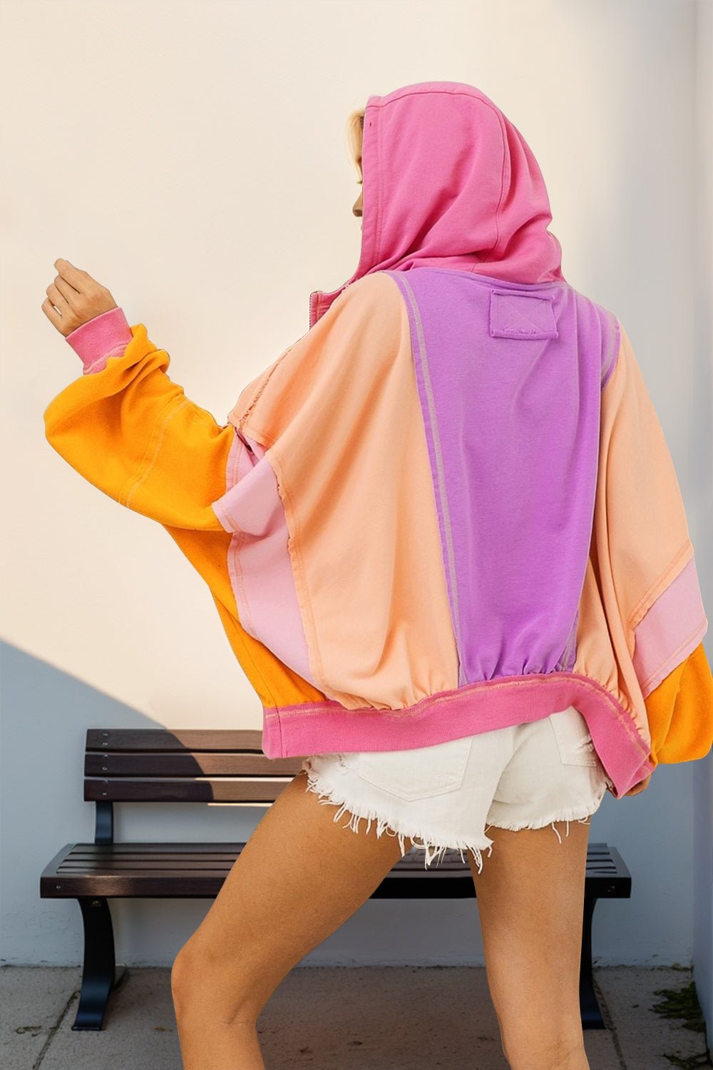 Double Take Full Size Color Block Zip Up Hoodie - Bella Blue Styles