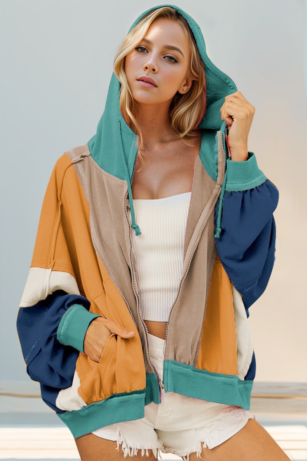 Double Take Full Size Color Block Zip Up Hoodie - Bella Blue Styles