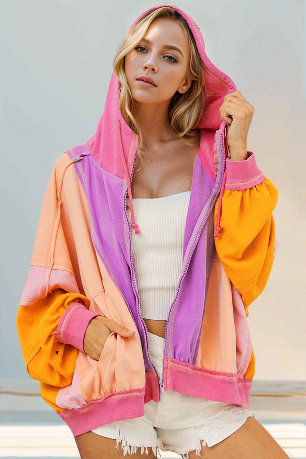 Double Take Full Size Color Block Zip Up Hoodie - Bella Blue Styles