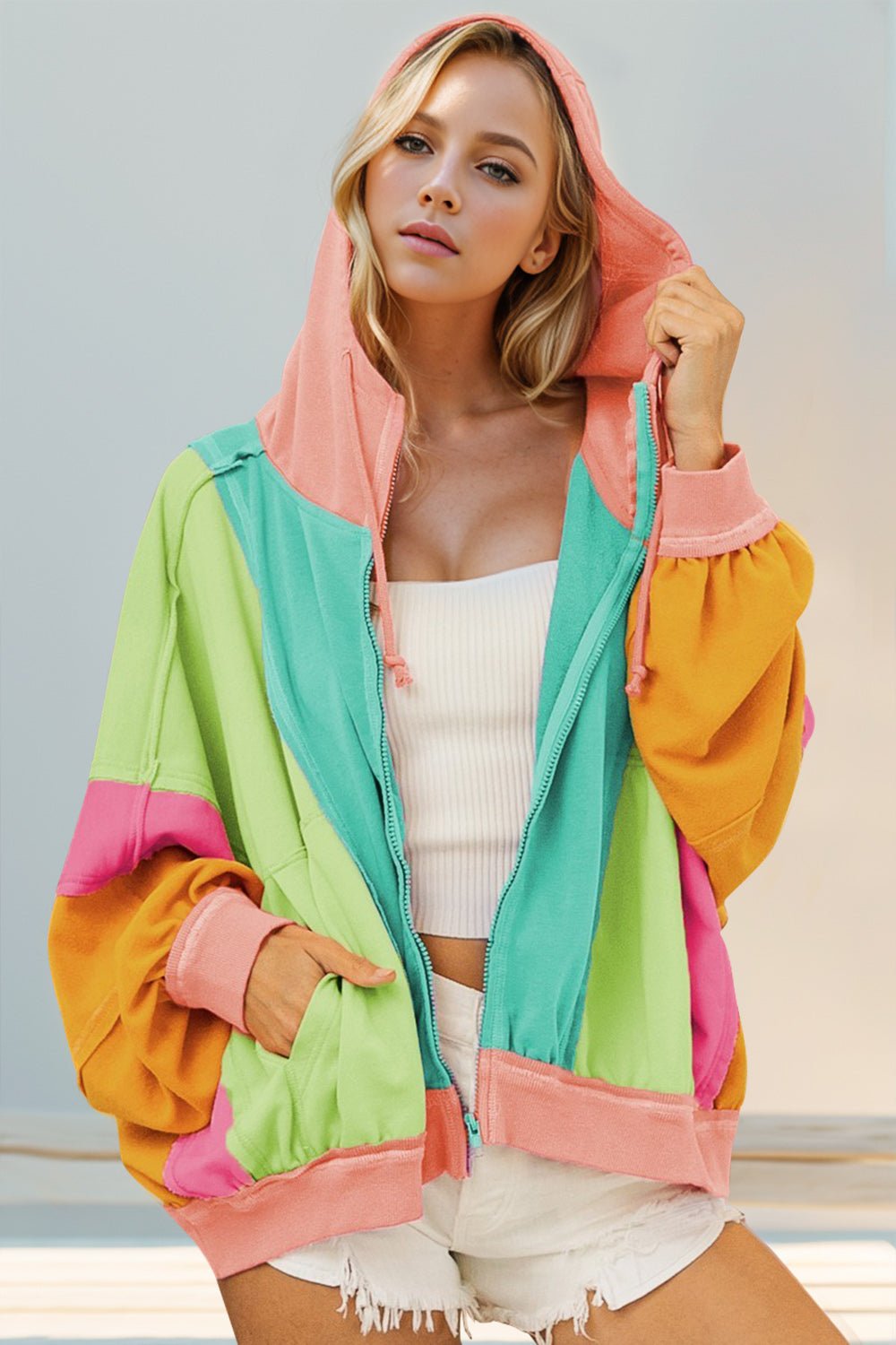 Double Take Full Size Color Block Zip Up Hoodie - Bella Blue Styles