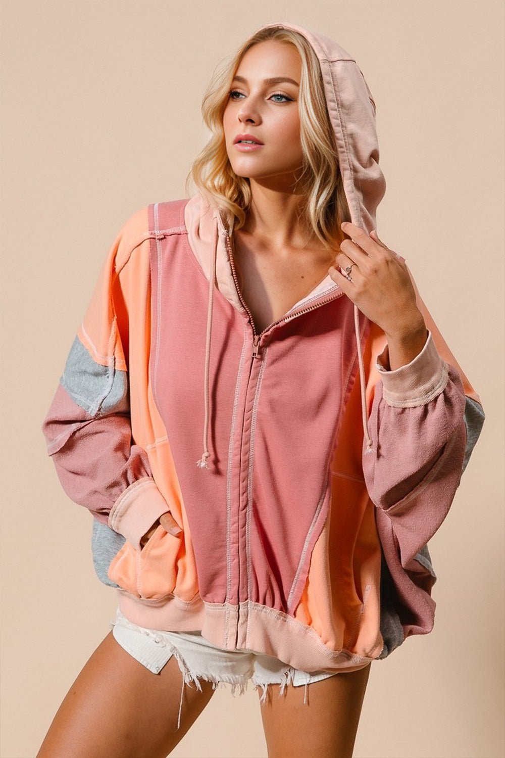 Double Take Full Size Color Block Zip Up Hoodie - Bella Blue Styles