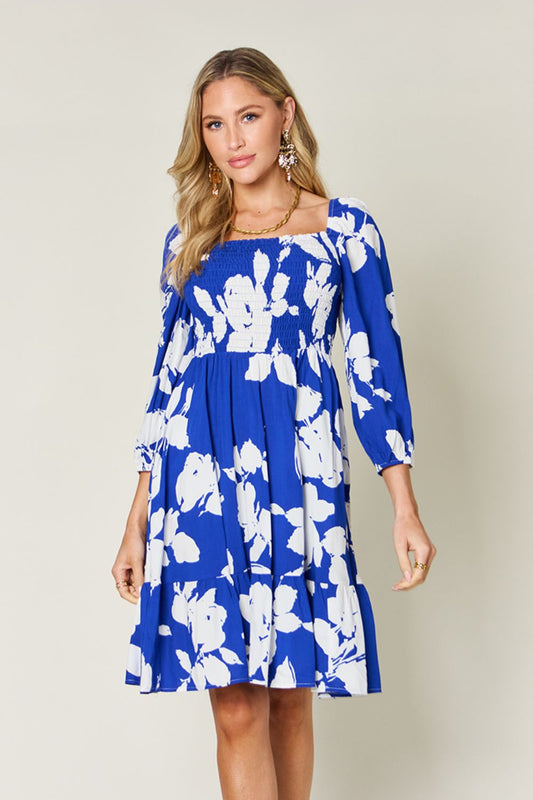 Double Take Full Size Floral Ruffle Hem Smocked Dress with Pockets - Bella Blue Styles