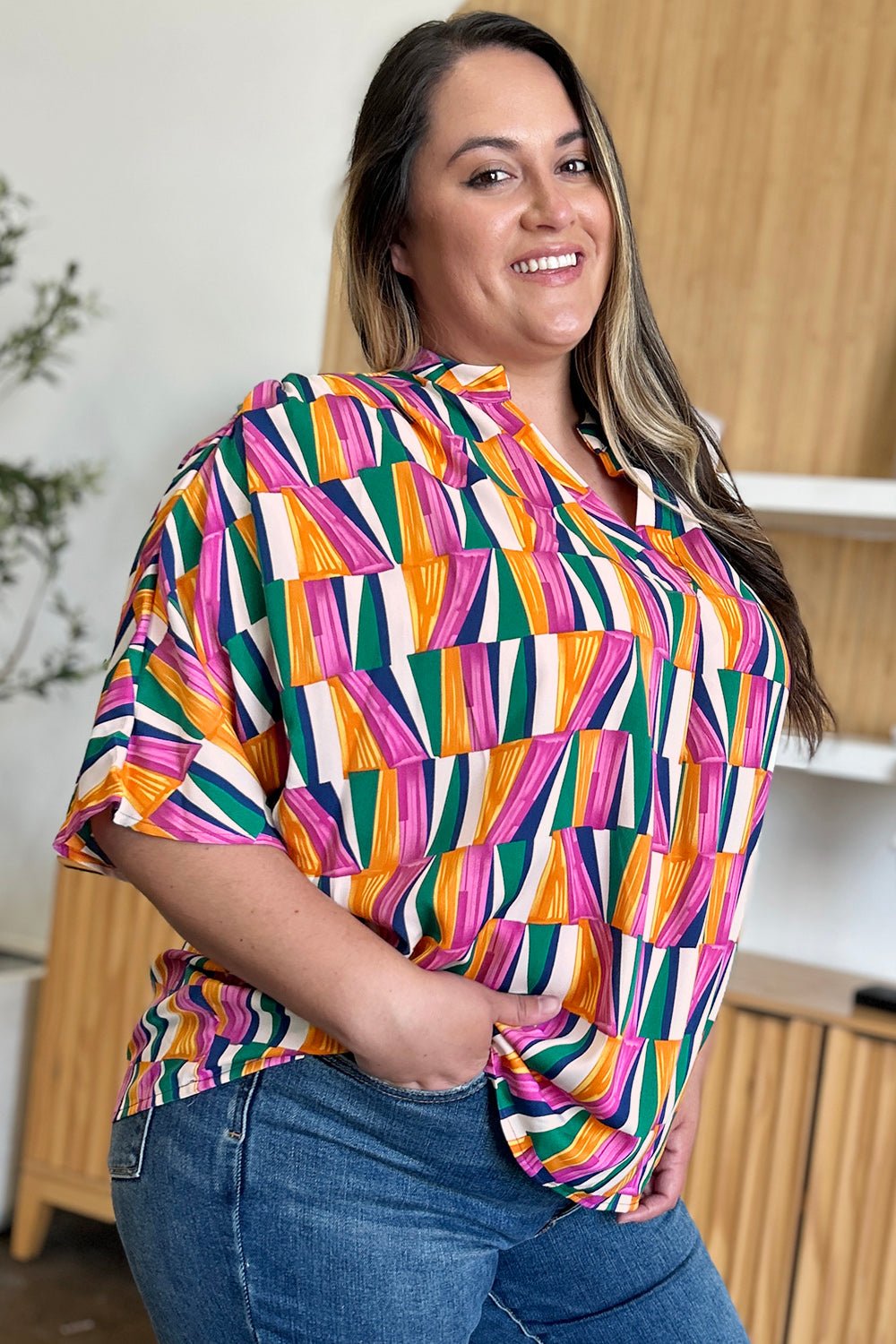 Double Take Full Size Geometric Notched Dolman Sleeve Top - Bella Blue Styles