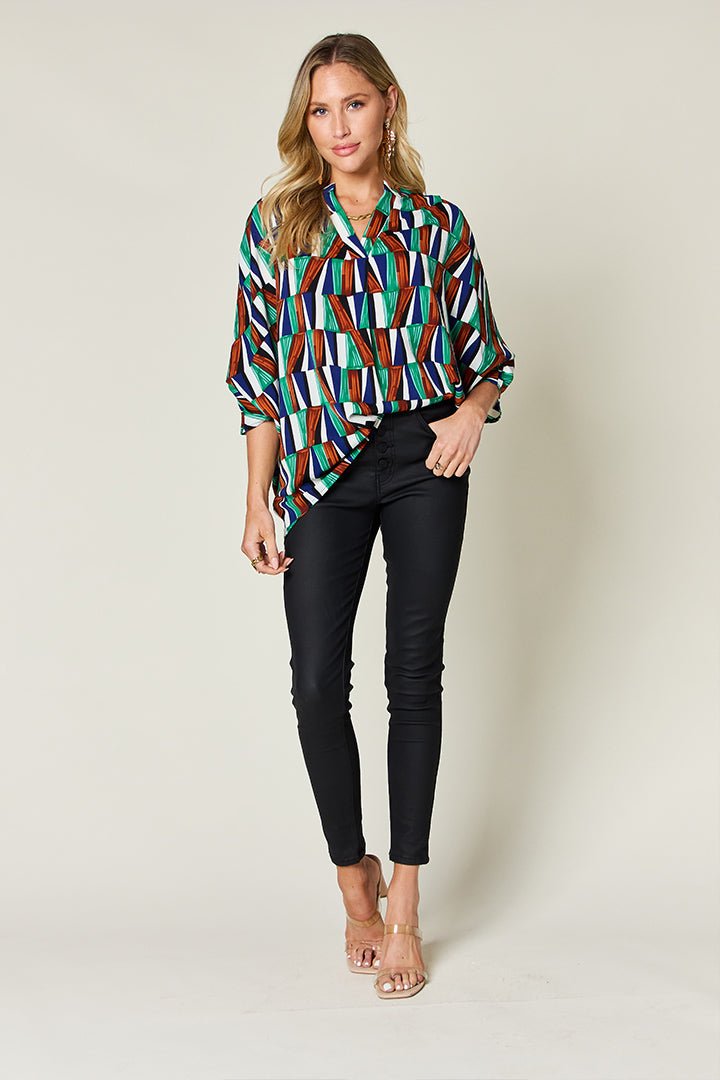 Double Take Full Size Geometric Notched Dolman Sleeve Top - Bella Blue Styles