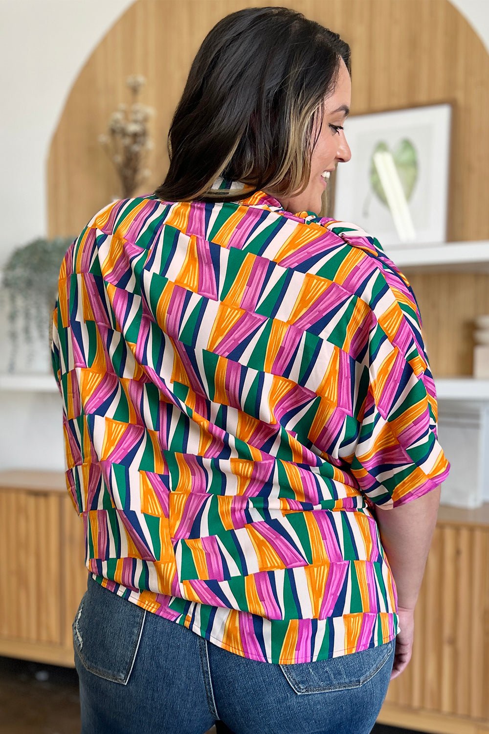 Double Take Full Size Geometric Notched Dolman Sleeve Top - Bella Blue Styles