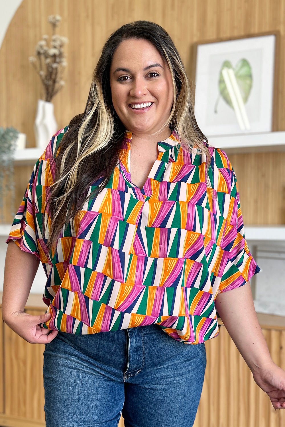 Double Take Full Size Geometric Notched Dolman Sleeve Top - Bella Blue Styles