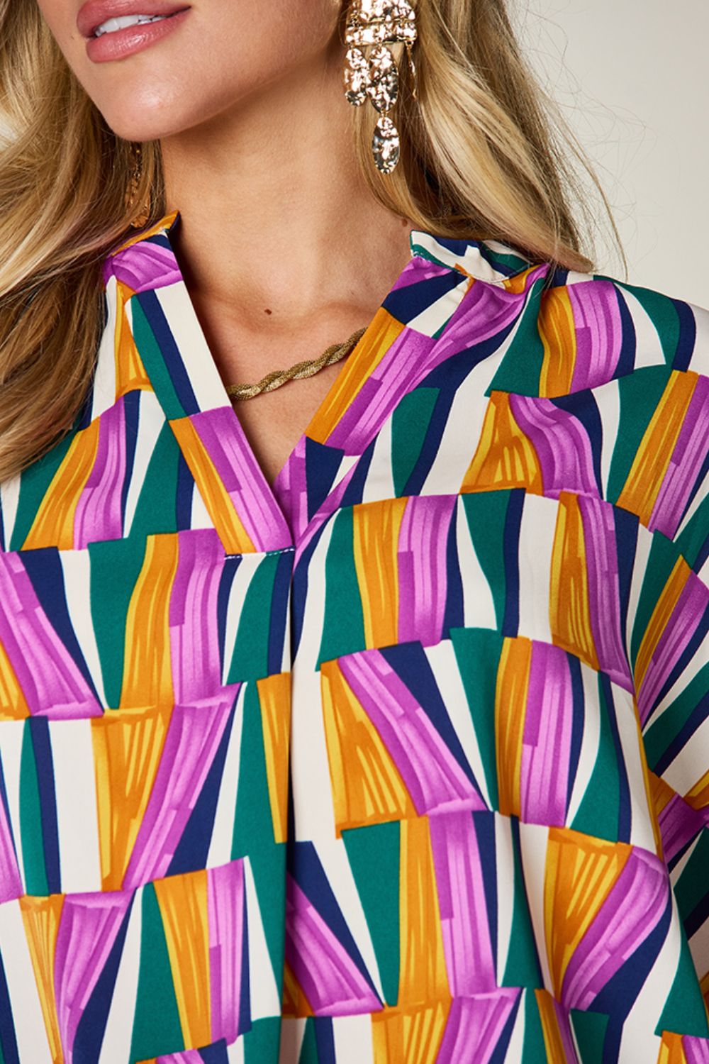 Double Take Full Size Geometric Notched Dolman Sleeve Top - Bella Blue Styles