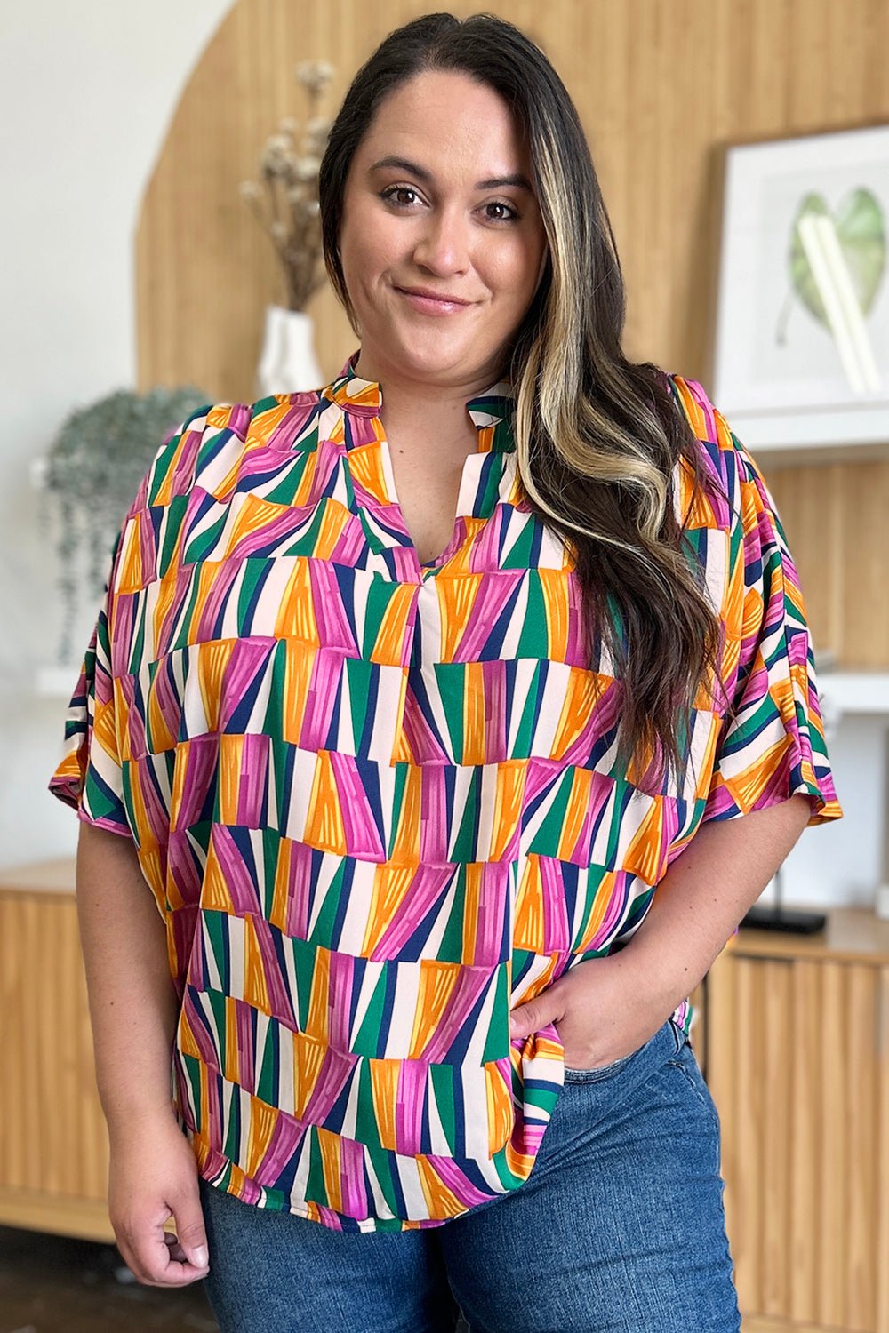Double Take Full Size Geometric Notched Dolman Sleeve Top - Bella Blue Styles