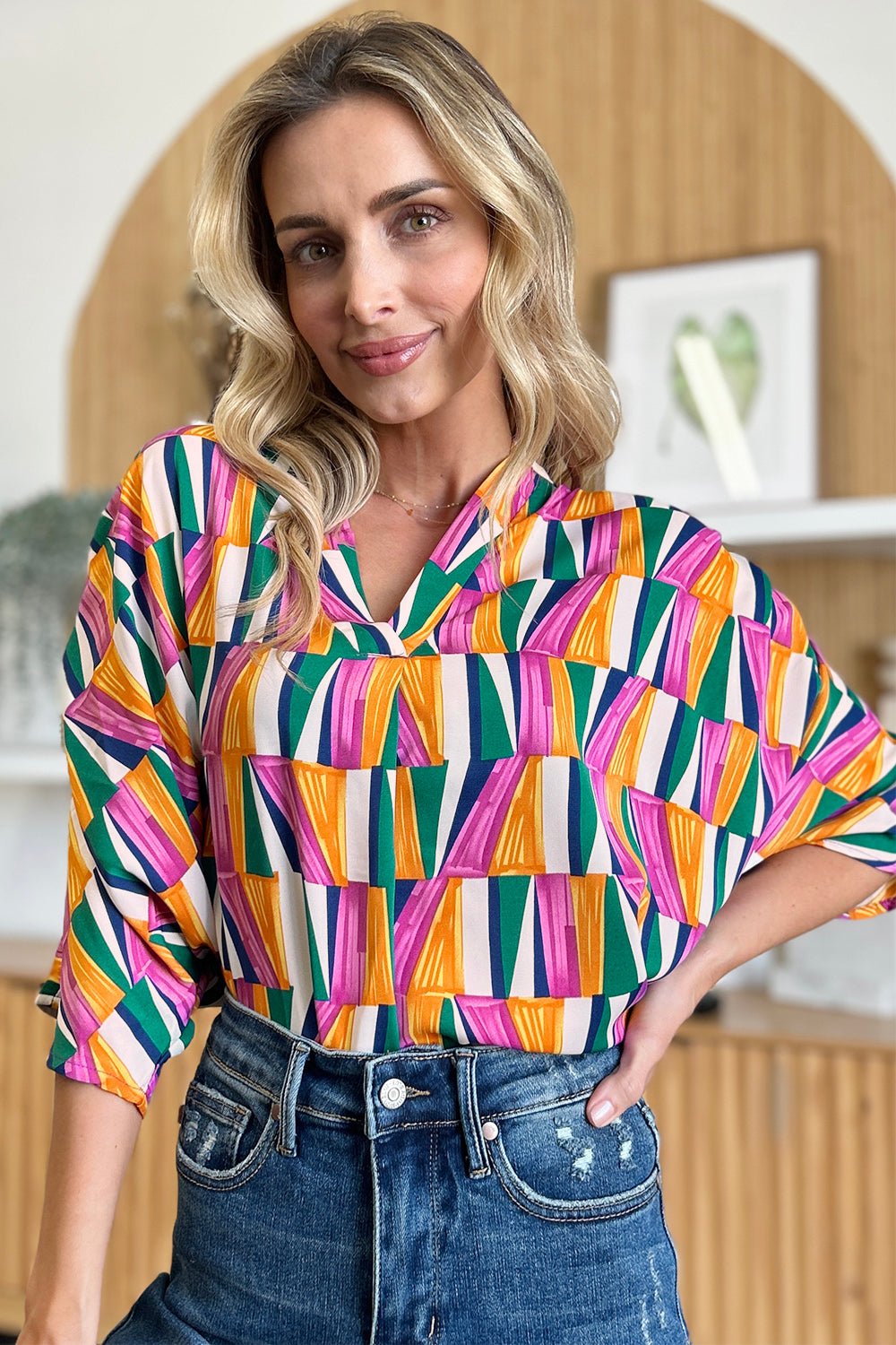 Double Take Full Size Geometric Notched Dolman Sleeve Top - Bella Blue Styles