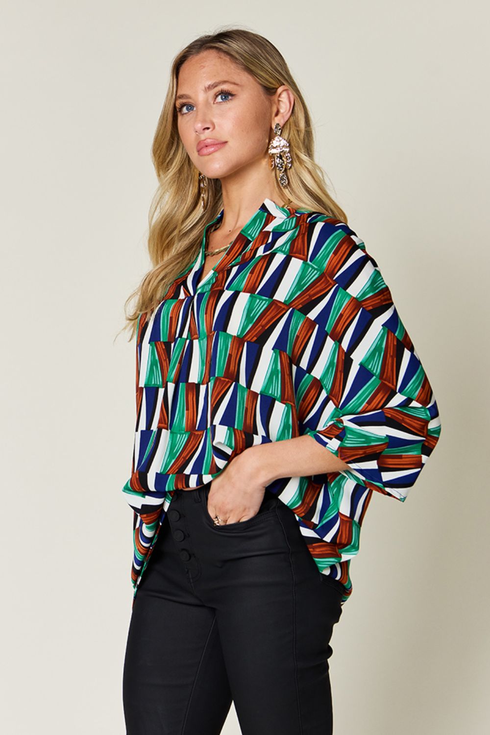 Double Take Full Size Geometric Notched Dolman Sleeve Top - Bella Blue Styles