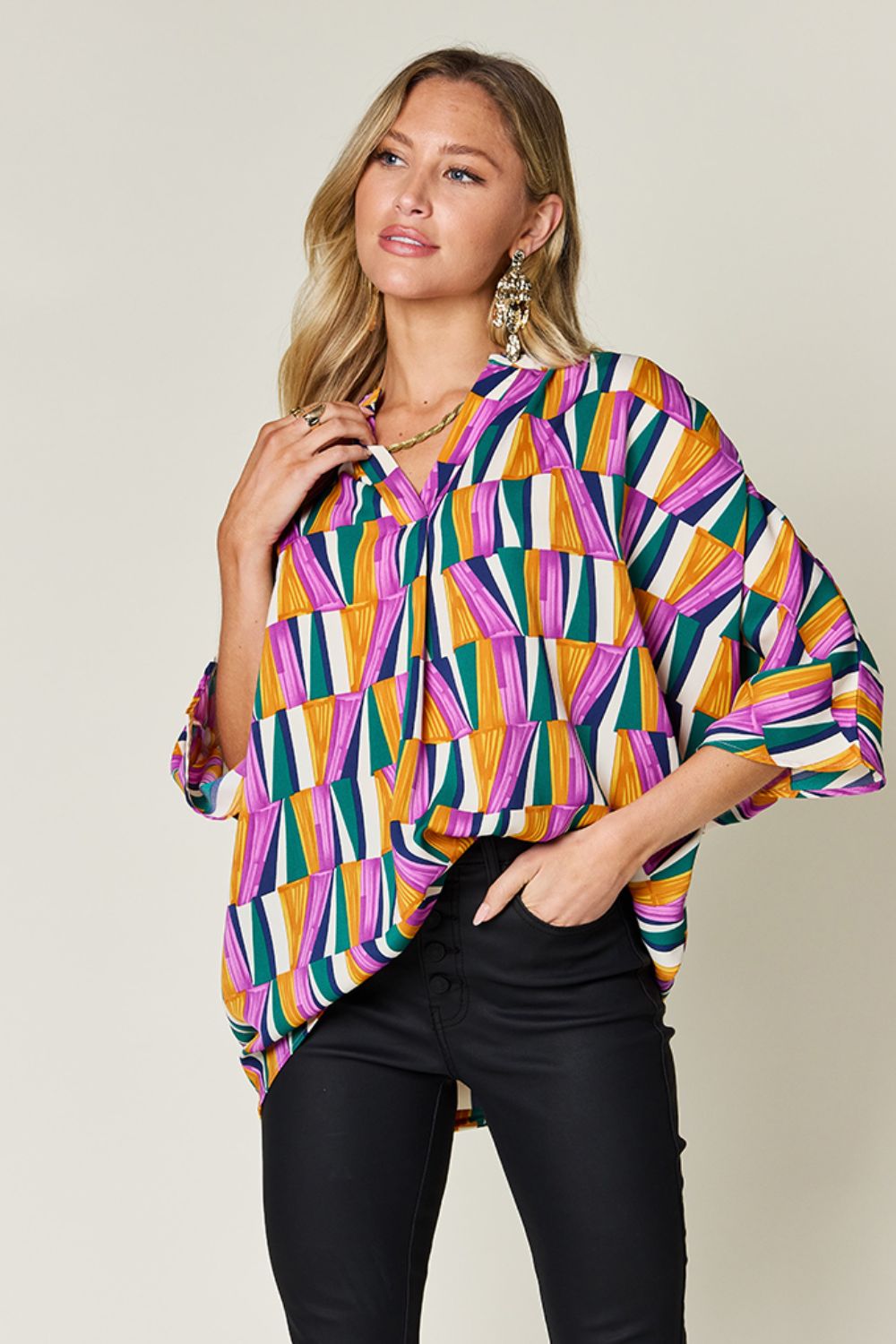 Double Take Full Size Geometric Notched Dolman Sleeve Top - Bella Blue Styles