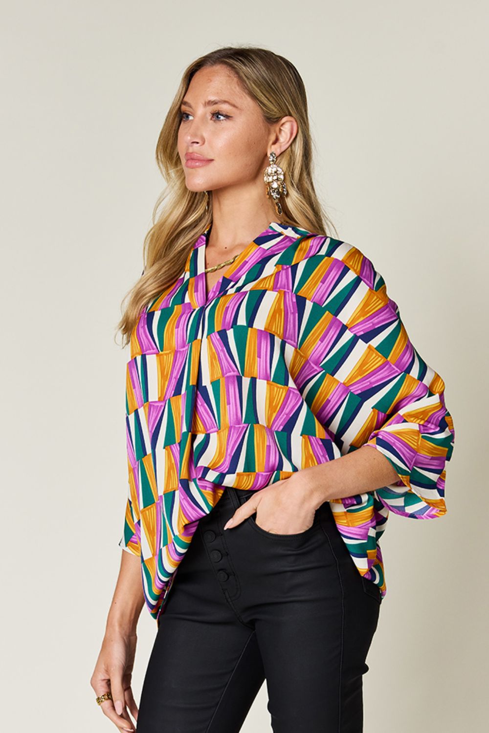 Double Take Full Size Geometric Notched Dolman Sleeve Top - Bella Blue Styles