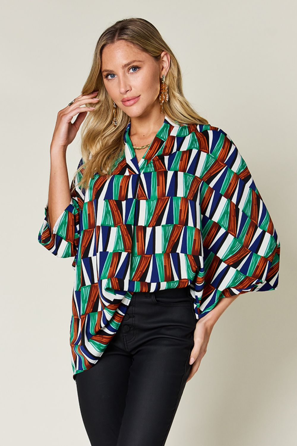 Double Take Full Size Geometric Notched Dolman Sleeve Top - Bella Blue Styles