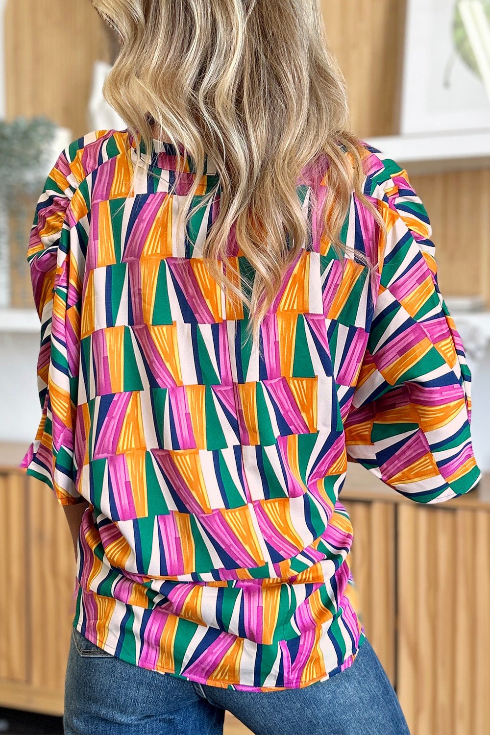 Double Take Full Size Geometric Notched Dolman Sleeve Top - Bella Blue Styles