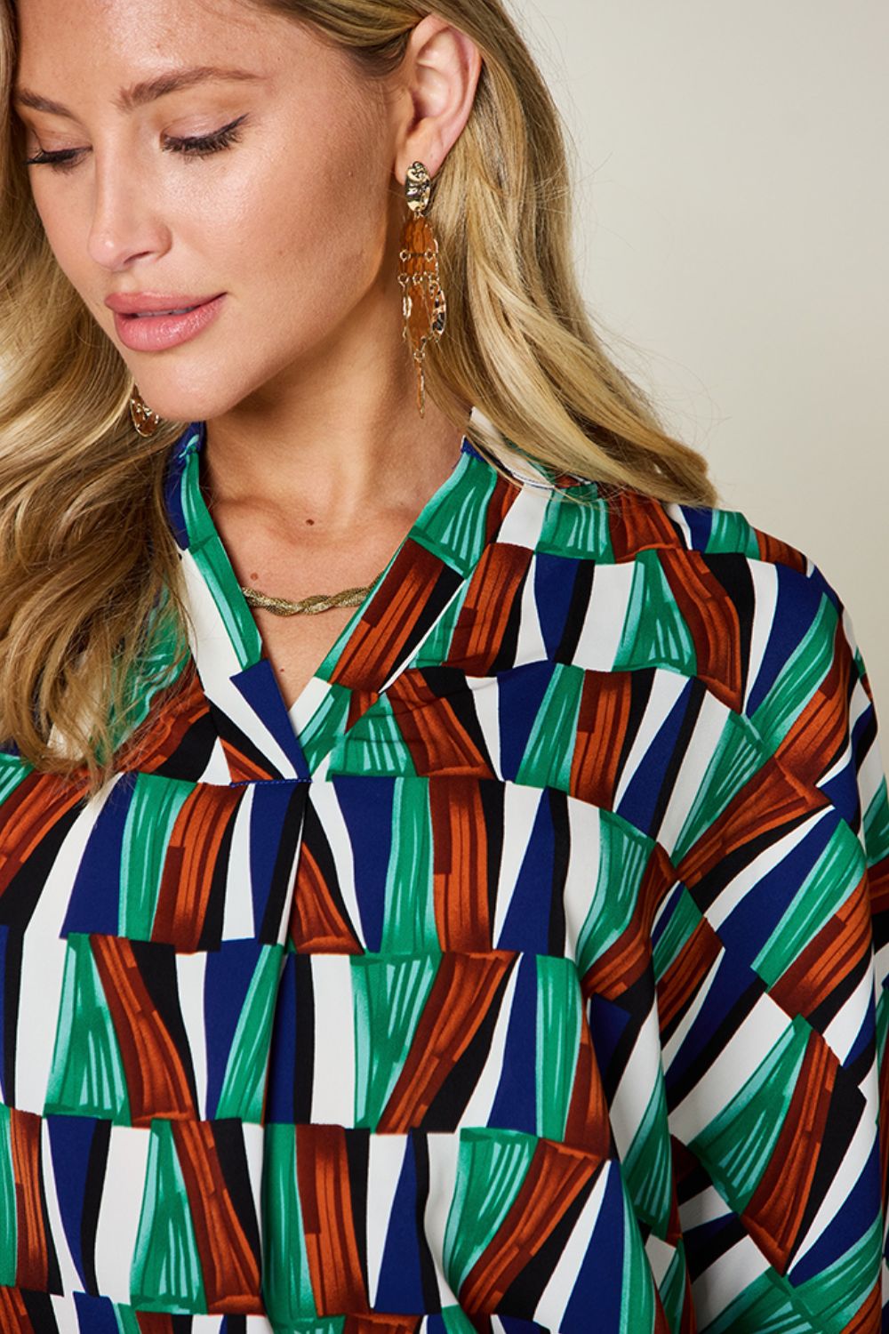 Double Take Full Size Geometric Notched Dolman Sleeve Top - Bella Blue Styles