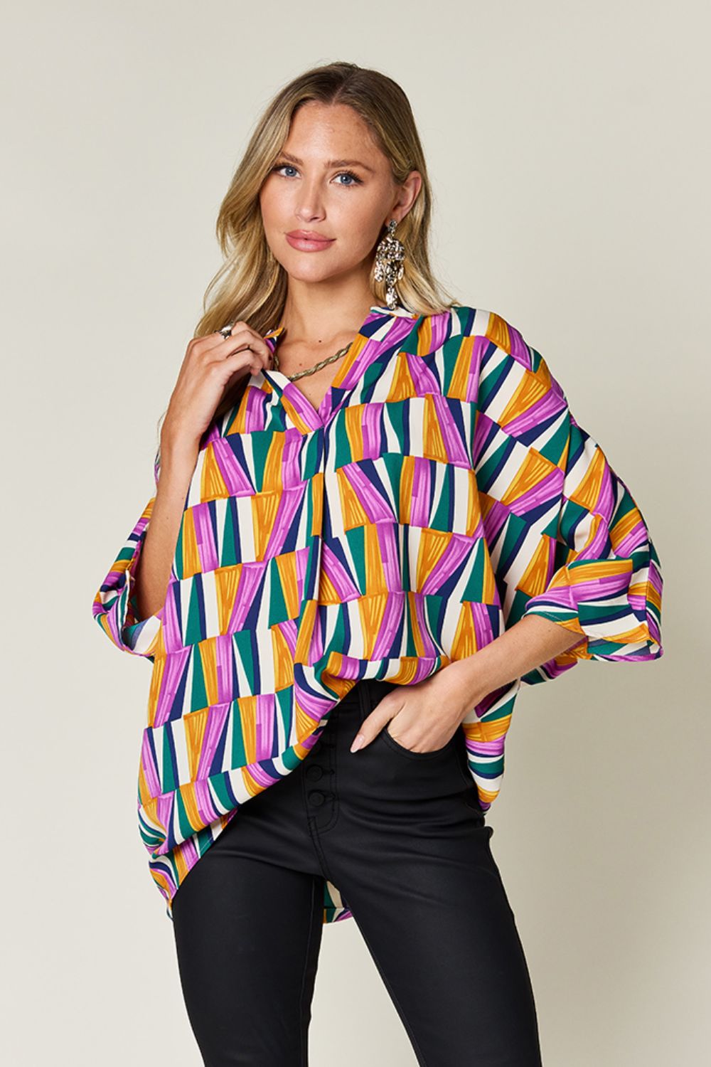 Double Take Full Size Geometric Notched Dolman Sleeve Top - Bella Blue Styles