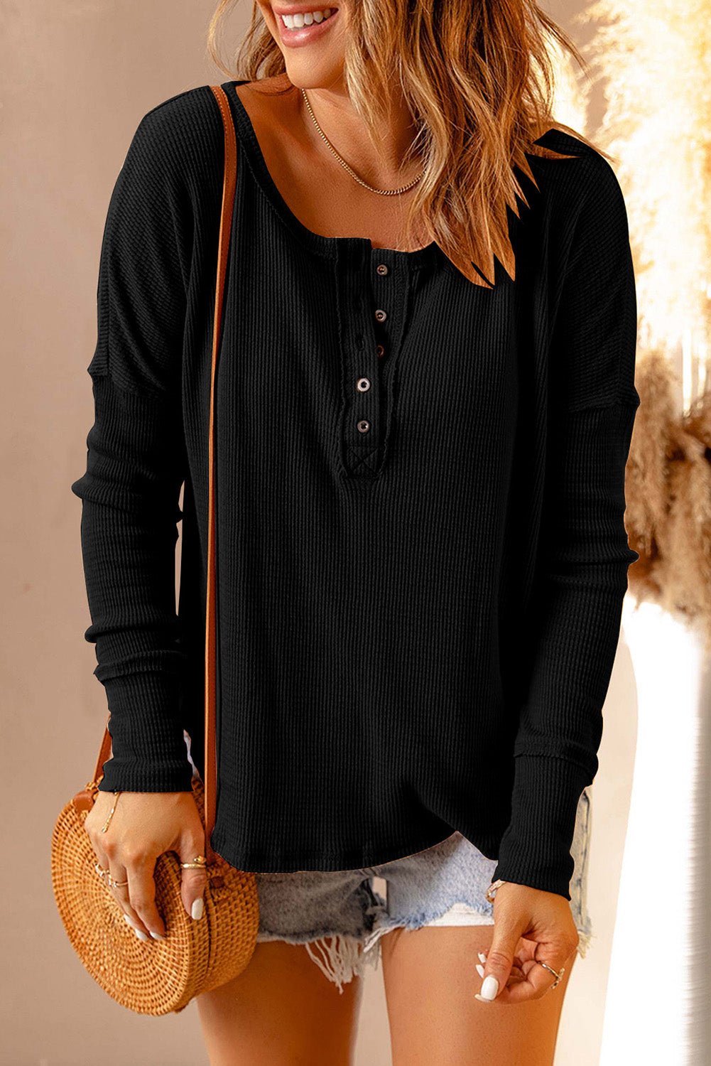 Double Take Full Size Half Button Drop Shoulder T-Shirt - Bella Blue Styles