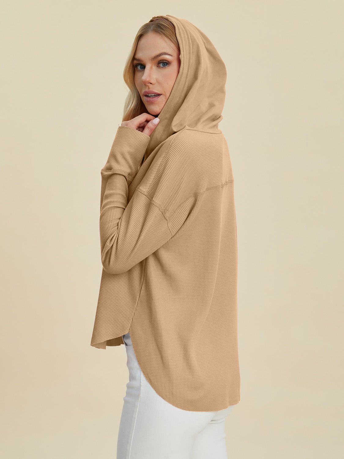 Double Take Full Size High - Low Dropped Shoulder Long Sleeve Hoodie - Bella Blue Styles