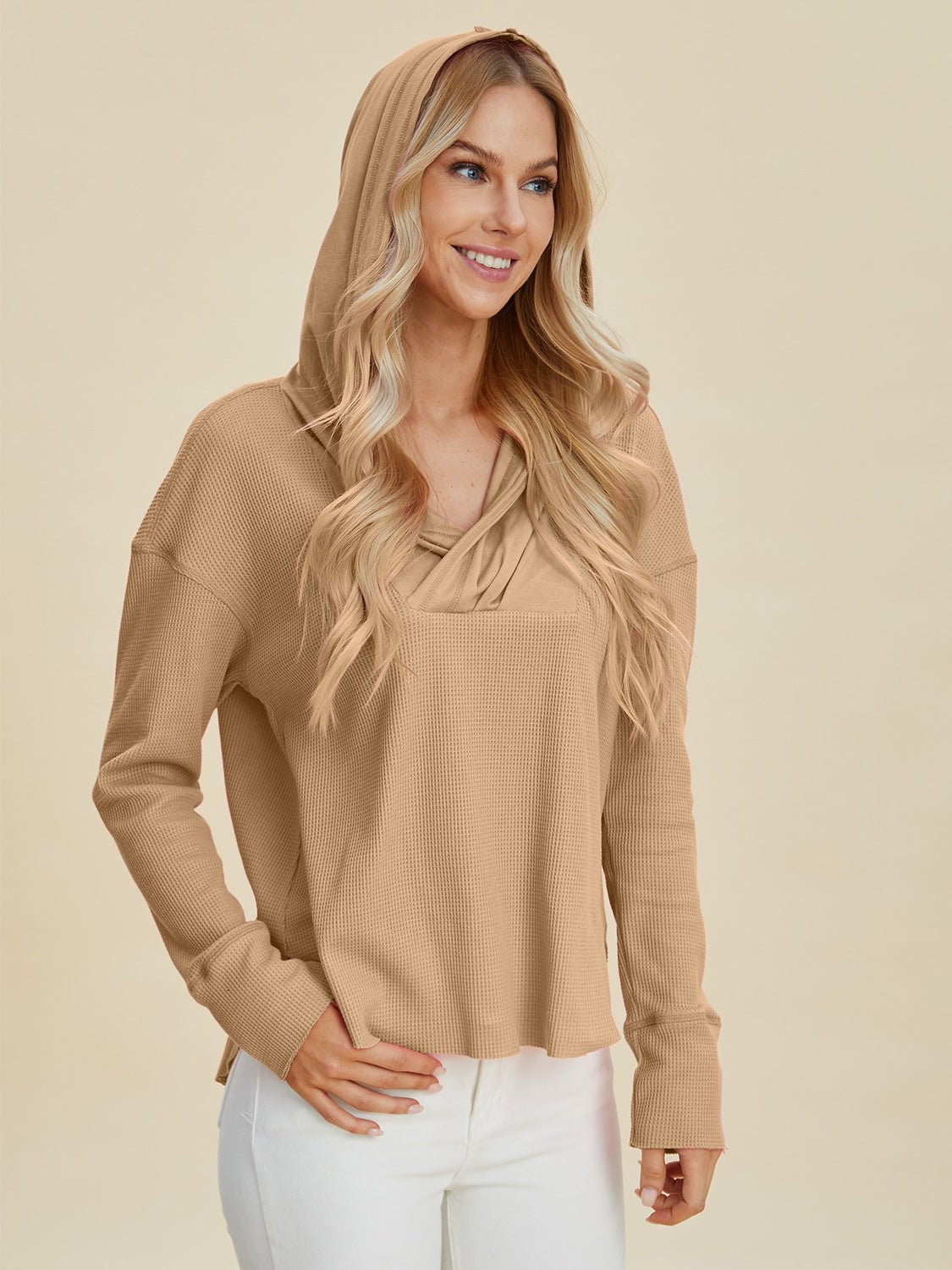 Double Take Full Size High - Low Dropped Shoulder Long Sleeve Hoodie - Bella Blue Styles