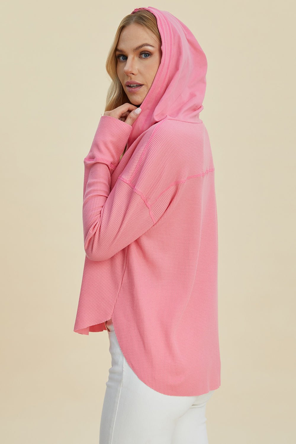 Double Take Full Size High - Low Dropped Shoulder Long Sleeve Hoodie - Bella Blue Styles