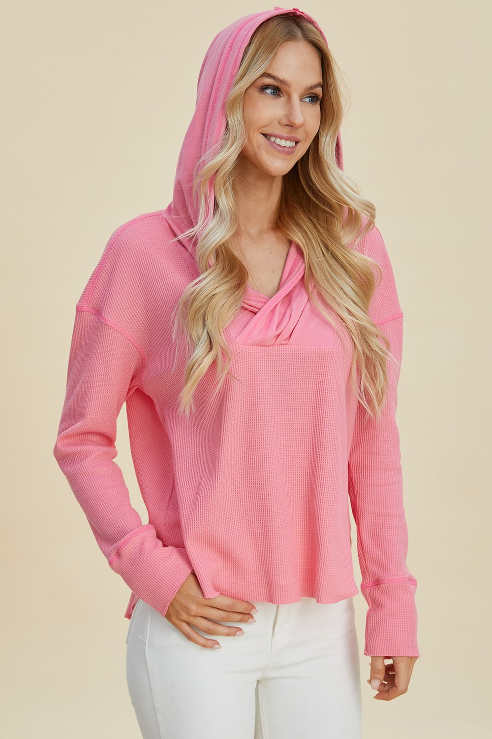 Double Take Full Size High - Low Dropped Shoulder Long Sleeve Hoodie - Bella Blue Styles